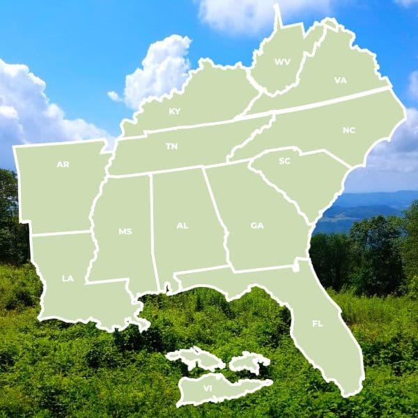 A map of the southeastern United States with state boundaries and abbreviations overlaid on a lush green field with a blue sky and clouds in the background.