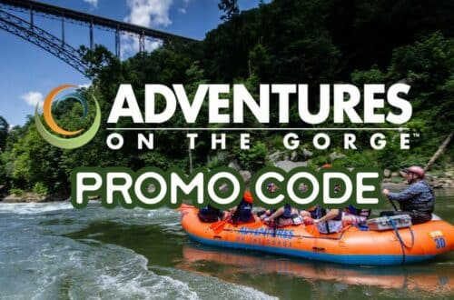 Adventures on the Gorge promo code displayed over an image of a group rafting down a river, with a large bridge and lush forest in the background.