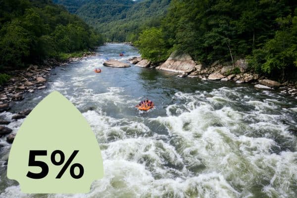 Rafts scattered along a river with rapids, surrounded by dense forest and mountains. A green icon with "5%" is superimposed on the left side.