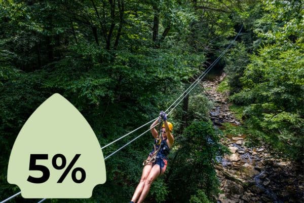 A person ziplining through a forested area with a stream below. A green icon with "5%" is superimposed on the left side.