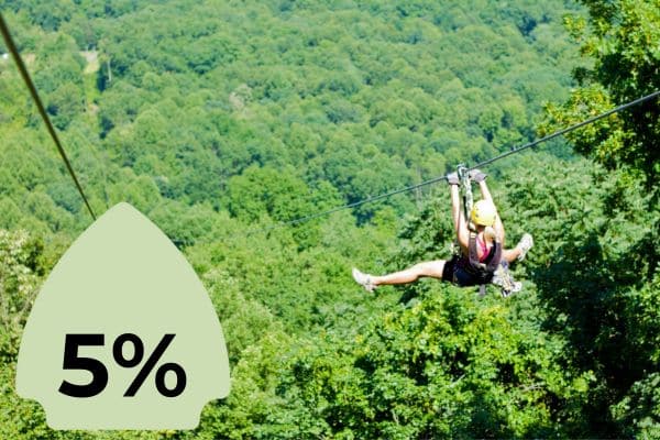 A person ziplining high above a dense forest. A green icon with "5%" is superimposed on the left side.