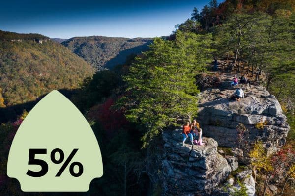 A group of people standing on a rocky overlook, surrounded by a forested valley. A green icon with "5%" is superimposed on the left side