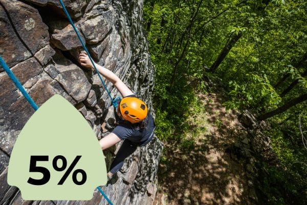 A climber scaling a rock face in a forested area, wearing a helmet. A green icon with "5%" is superimposed on the left side.