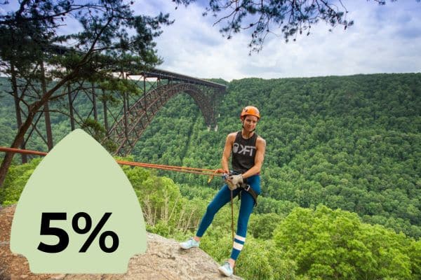 A person standing on a cliff edge with safety ropes, overlooking a forested valley and a bridge in the distance. A green icon with "5%" is superimposed on the left side.