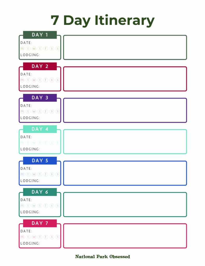 "7 Day Itinerary template with sections for each day to fill in the date, activities, and lodging details, designed by National Park Obsessed."