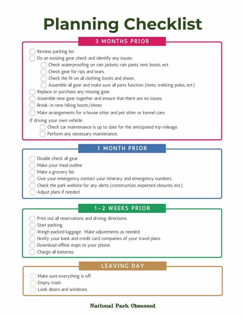 "Planning Checklist divided into four sections: 3 months prior, 1 month prior, 1-2 weeks prior, and leaving day, with specific tasks for each period to ensure a well-prepared trip, created by National Park Obsessed."