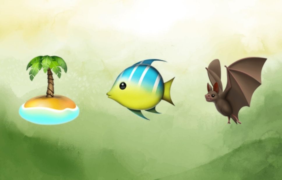 An emoji of a small tropical island with a palm tree, followed by a bright tropical fish and a brown bat with wings spread.