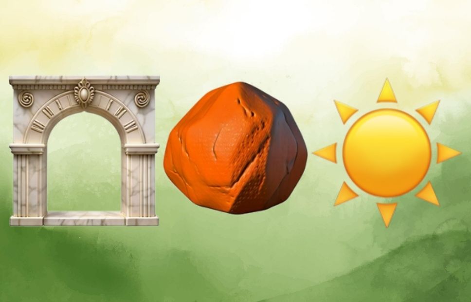 Illustration of a stone arch, a red rock, and a bright sun representing the desert landscape of Arches National Park.