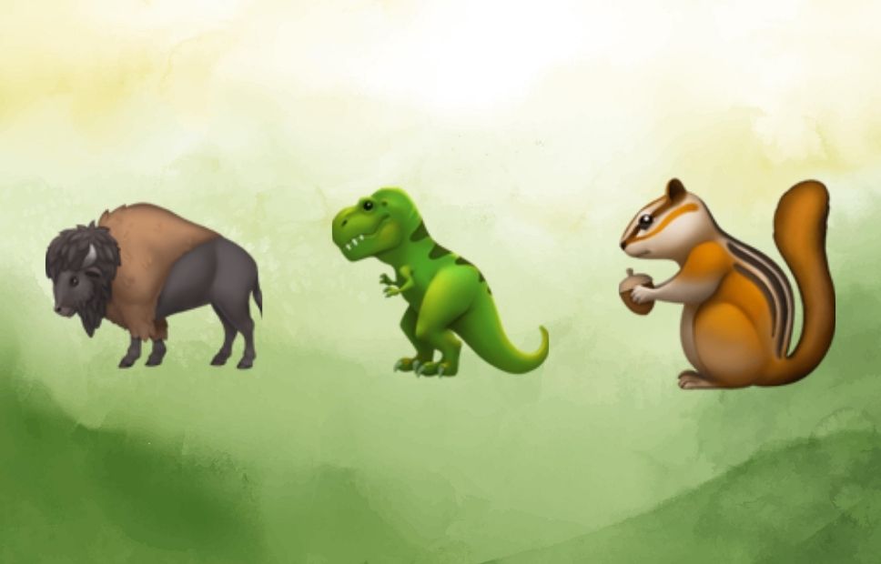 A lineup of a bison emoji, a green cartoon dinosaur, and a prairie dog holding a nut.