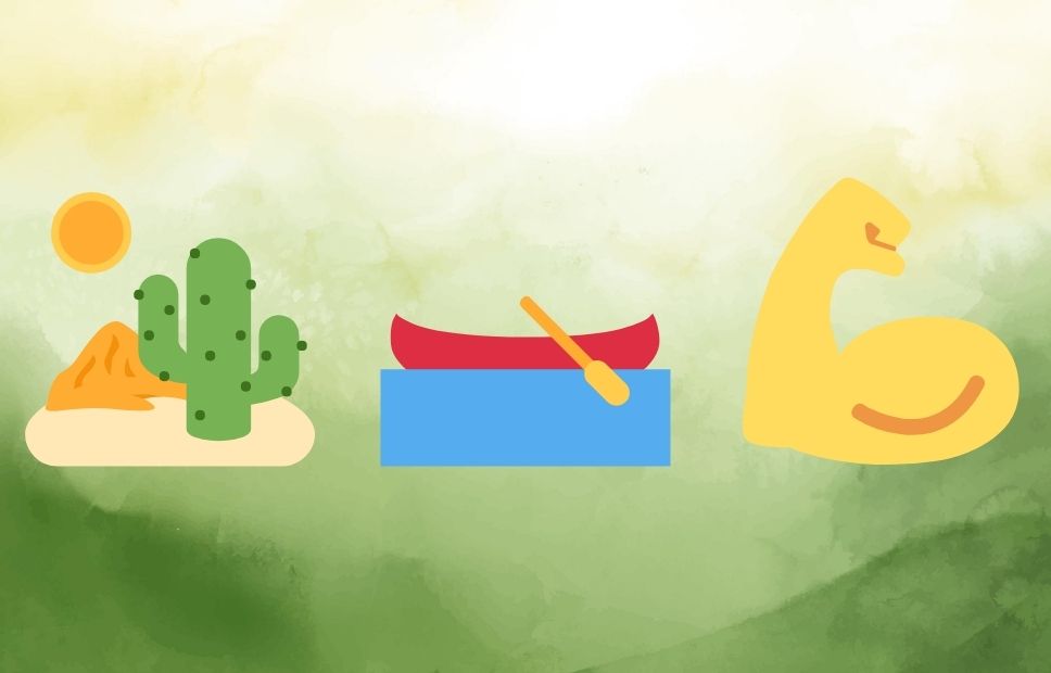 Illustrated riddle with a desert scene, canoe, and flexed arm with no text labels or answer shown.