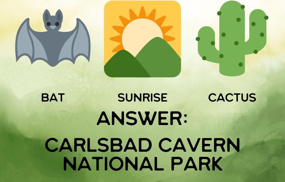 Illustrated riddle with a bat labeled "Bat", a sunrise labeled "Sunrise", and a cactus labeled "Cactus". Text reads: “Answer: Carlsbad Cavern National Park”.