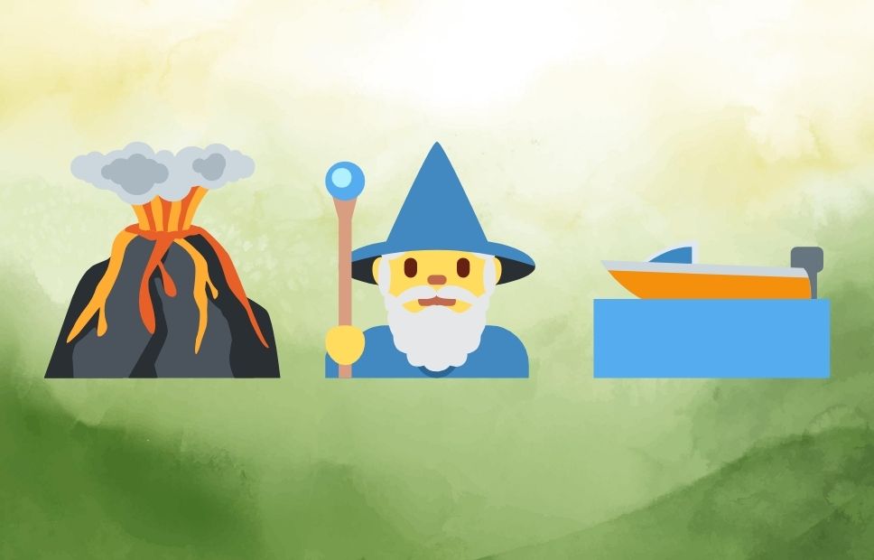 Illustrated riddle with a volcano erupting, a wizard holding a staff, and a speedboat on blue water. No text or answer is shown.