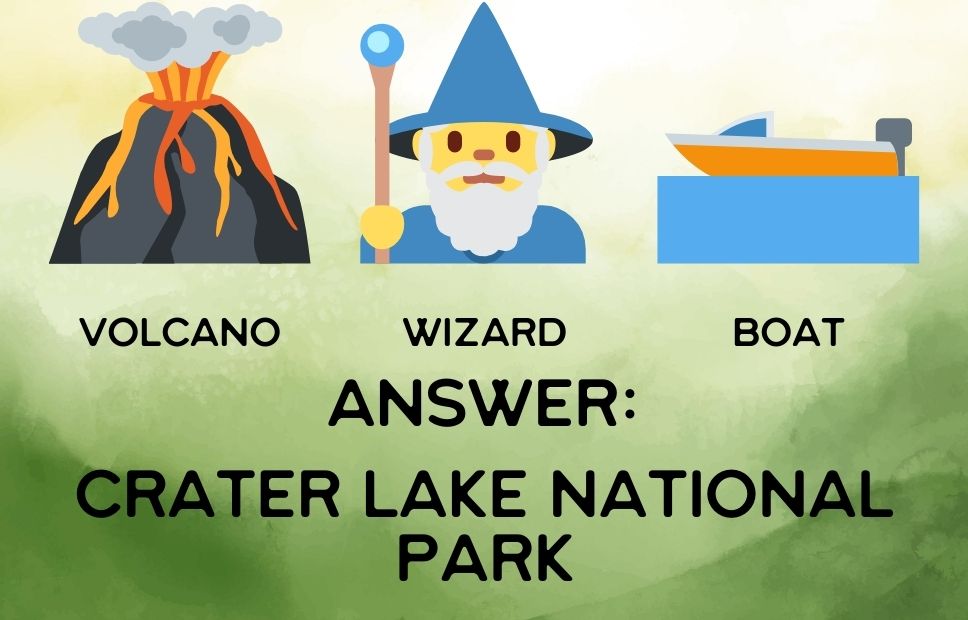 Illustrated riddle with a volcano labeled "Volcano", a wizard labeled "Wizard", and a boat labeled "Boat". Text reads: “Answer: Crater Lake National Park”.