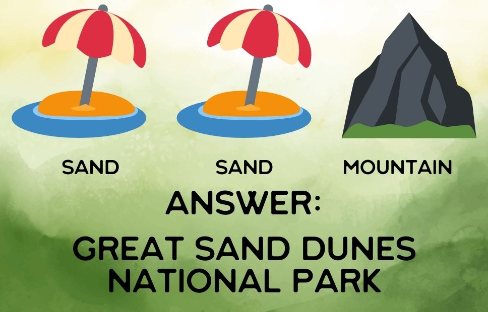 Illustrated riddle showing two beach umbrellas on sand labeled "Sand" and a black mountain labeled "Mountain". Text reads: “Answer: Great Sand Dunes National Park”.