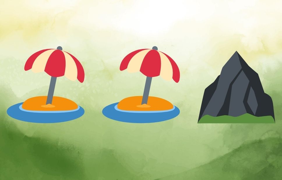 Illustrated riddle with two beach umbrellas on sand and a mountain, no text labels or answer provided.