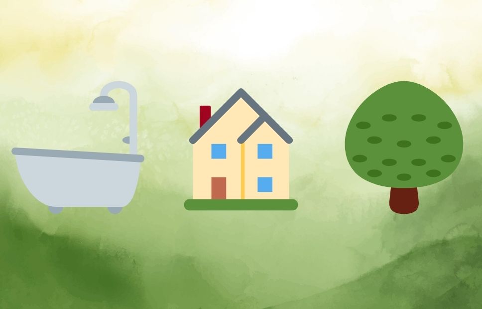 Illustrated riddle showing a bathtub with shower, a house, and a tree, without text labels or answer included.