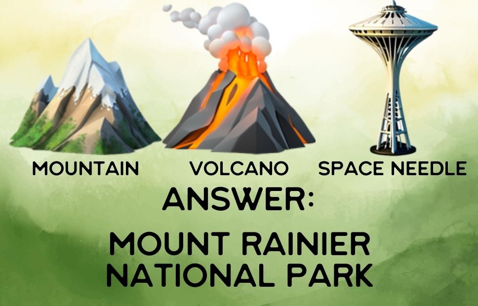 Illustration of a snowy mountain, an erupting volcano, and the Seattle Space Needle, representing Mount Rainier National Park’s volcanic peak near Washington’s iconic city.