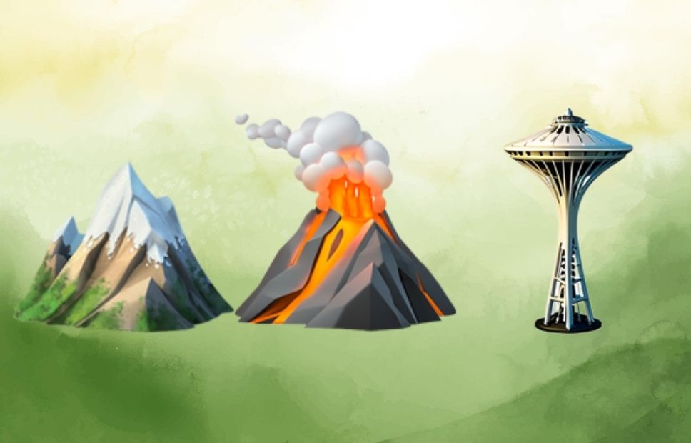 Illustration of a snowy mountain, an erupting volcano, and the Seattle Space Needle, representing Mount Rainier National Park’s volcanic peak near Washington’s iconic city.