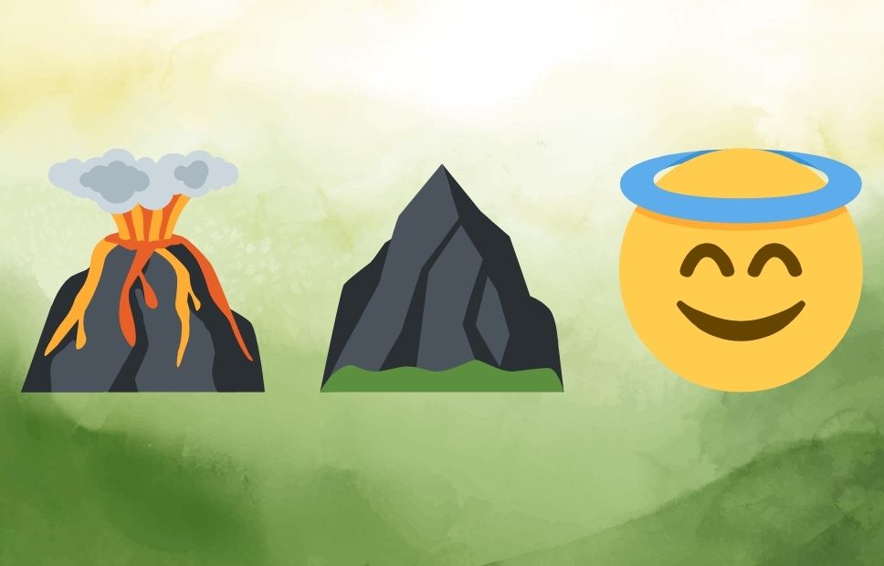 Illustrated riddle with an erupting volcano, a dark mountain, and a smiling face emoji with a blue halo—no text labels or answer is shown.