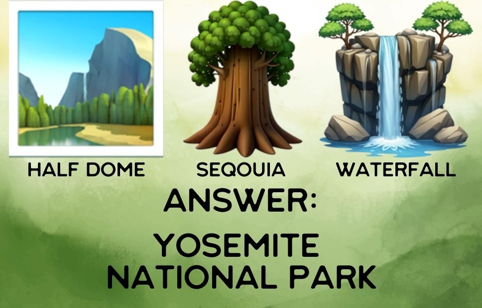 Illustration of Half Dome, a giant sequoia tree, and a waterfall symbolizing iconic natural features of Yosemite National Park.