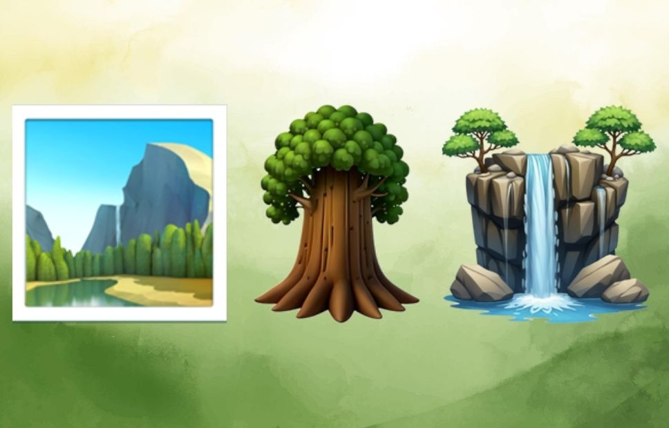 Illustration of Half Dome, a giant sequoia tree, and a waterfall symbolizing iconic natural features of Yosemite National Park.