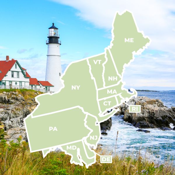 A scenic coastal view with a white lighthouse and red-roofed buildings on rocky shores, overlaid with a map highlighting Northeast U.S. states including ME, VT, NH, MA, CT, RI, NY, PA, NJ, DE, and MD.