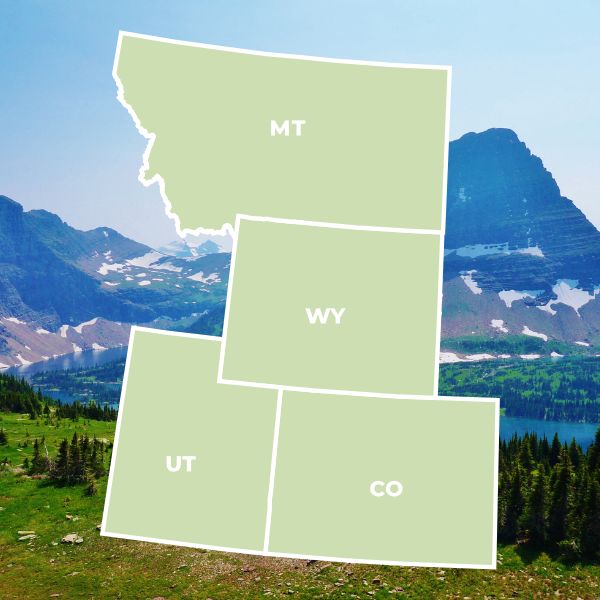 A green alpine meadow with a lake and snow-dusted mountain backdrop, overlaid with a map of the Rocky Mountain states—Montana, Wyoming, Utah, and Colorado.