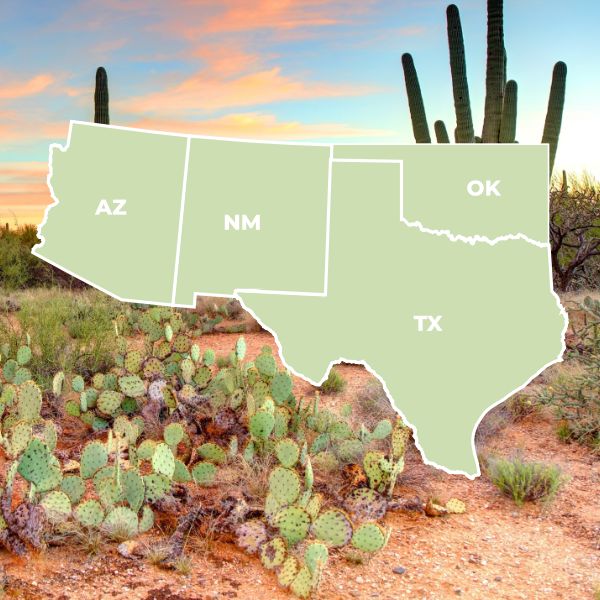 A desert scene at sunset with prickly pear cactus and tall saguaro under a colorful sky, overlaid with a regional map highlighting AZ, NM, TX, and OK.