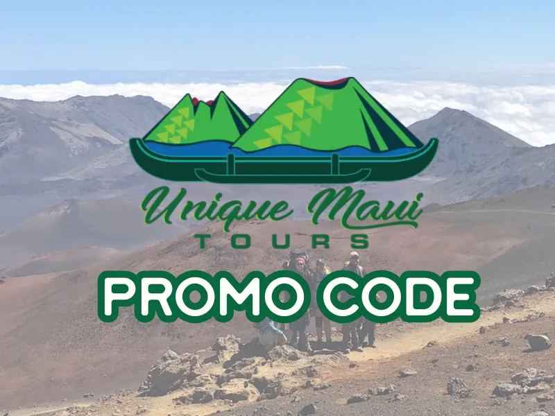 A group of hikers stands on a rugged volcanic trail in Haleakalā National Park, surrounded by dramatic crater landscapes and a sea of clouds in the background. Overlaid text and logo for "Unique Maui Tours" advertise a "Promo Code" for travel deals.