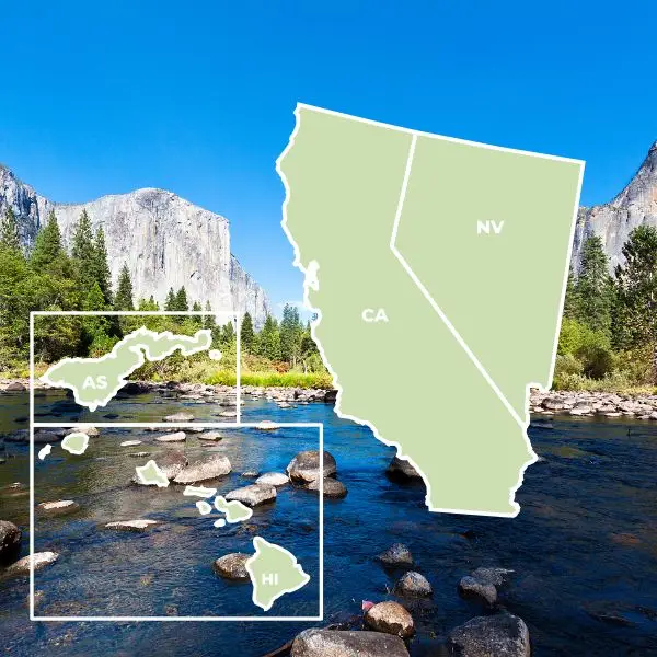 A scenic river in a mountainous national park setting, surrounded by evergreen trees and rocky cliffs. Overlaying the image is a map of western U.S. states, including California, Nevada, and Hawaii.