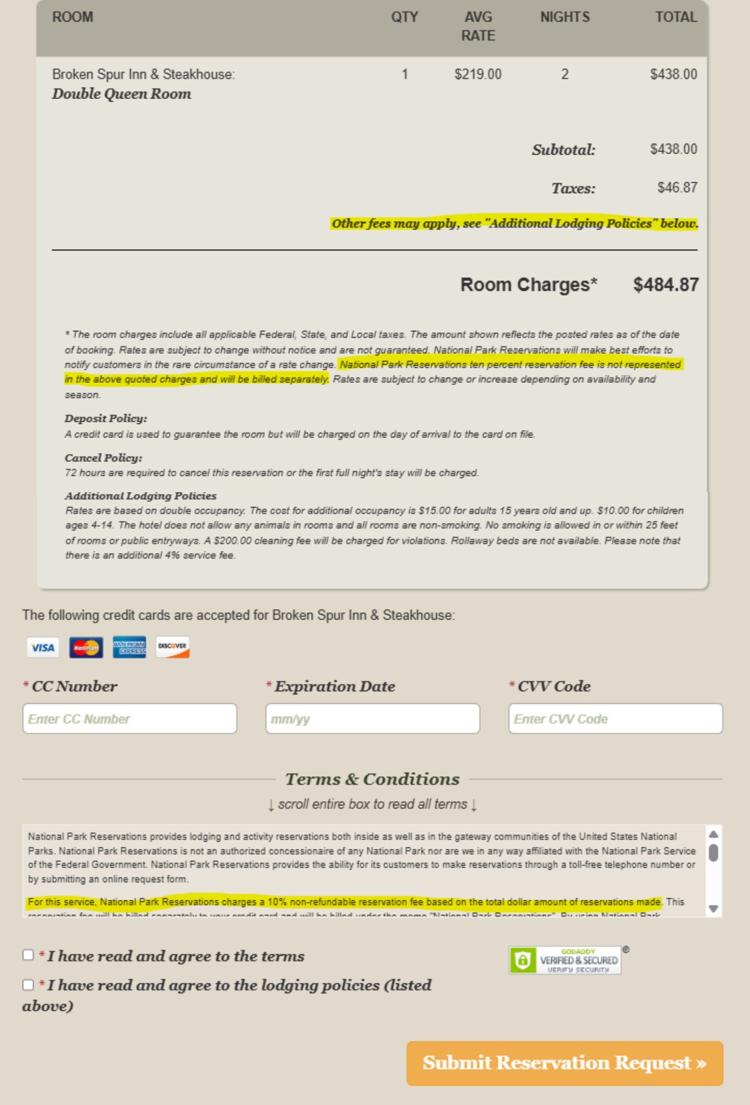 Screenshot of a hotel reservation form for Broken Spur Inn & Steakhouse, showing a two-night Double Queen Room booking totaling $484.87 including taxes. The page notes a separate 10% non-refundable reservation fee charged by National Park Reservations and includes credit card fields, cancellation policies, and terms and conditions requiring user agreement before submitting the reservation request.