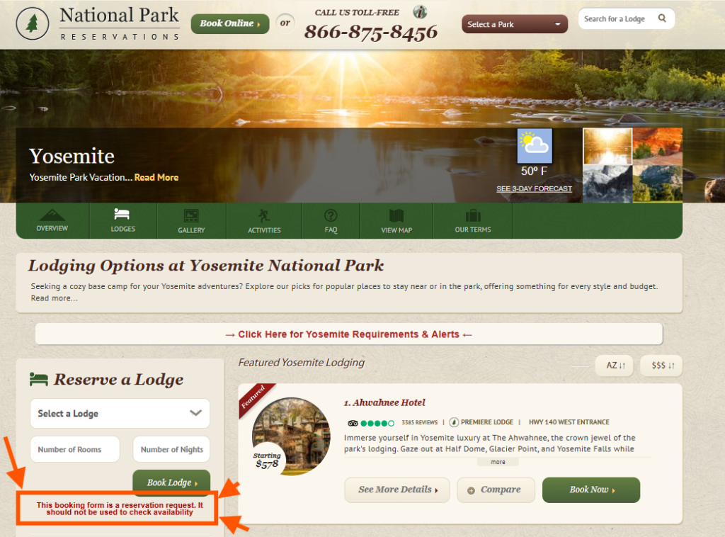 Screenshot of the National Park Reservations website featuring lodging options at Yosemite National Park. The page highlights The Ahwahnee Hotel as a featured listing with a starting rate of $578 and includes a bold notice under the reservation form: “This booking form is a reservation request. It should not be used to check availability.”