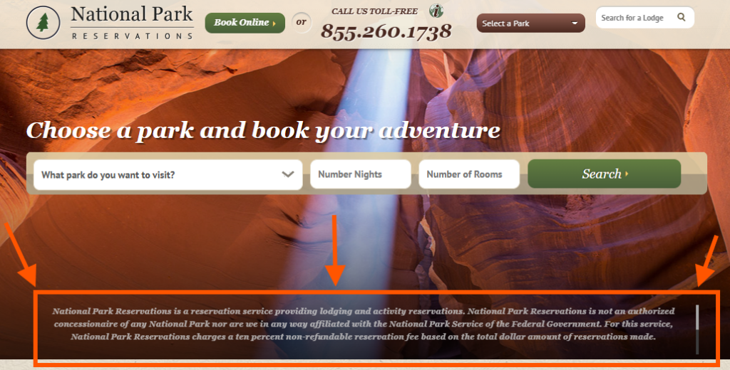 Screenshot of the NationalParkReservations.com homepage with a sandstone canyon background and the headline “Choose a park and book your adventure.” A disclaimer at the bottom states that National Park Reservations is not affiliated with the National Park Service and charges a 10% non-refundable reservation fee.