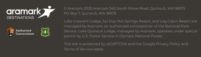 Footer section featuring the Aramark Destinations logo and text stating that Aramark manages several lodges, including Lake Crescent Lodge and Sol Duc Hot Springs Resort, as an authorized concessioner of the National Park Service. It also notes that Lake Quinault Lodge operates under a special permit by the U.S. Forest Service in Olympic National Forest, alongside legal disclaimers about privacy and service terms.