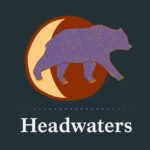 This image shows a stylized purple bear with yellow markings walking in front of a crescent shape and red circle on a dark background. Below the bear, the word “Headwaters” is written in large white letters, separated by a dotted line.