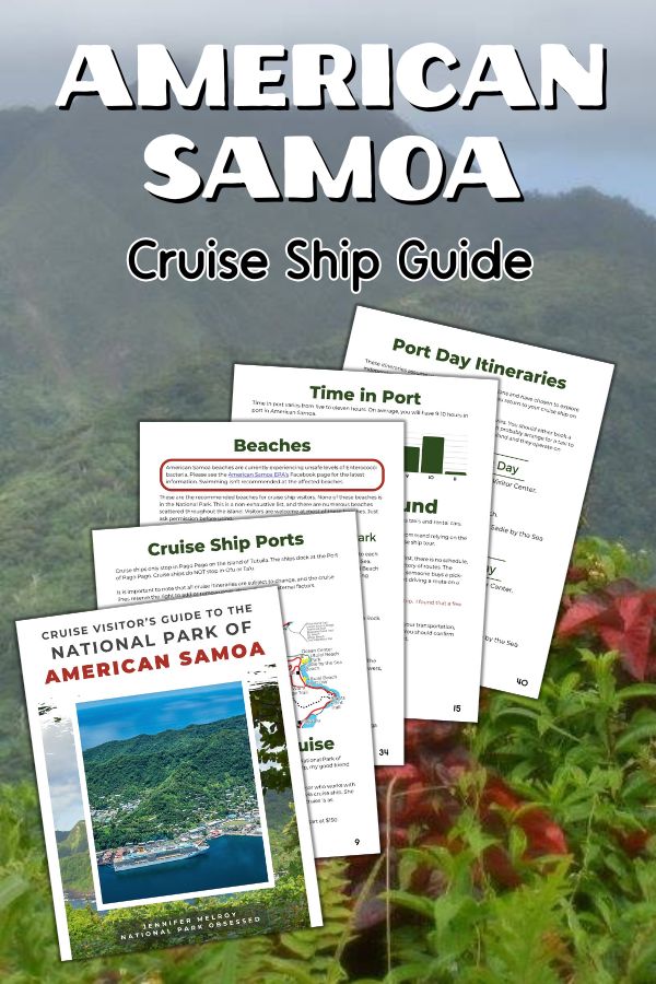 Promotional collage for an American Samoa cruise guide featuring the guidebook cover and sample pages over a scenic view of green mountains and blue ocean.