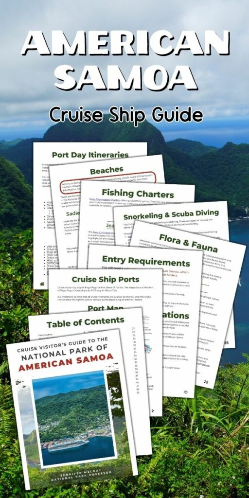 Vertical collage of American Samoa cruise guide pages, including itineraries, beach information, fishing charters, and entry requirements, set against a mountain and ocean backdrop.