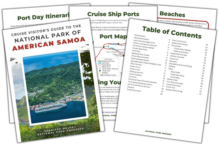 Stacked preview pages from the "Cruise Visitor’s Guide to the National Park of American Samoa" showing itineraries, port maps, and a table of contents, with a cover photo of Pago Pago harbor surrounded by lush green mountains.
