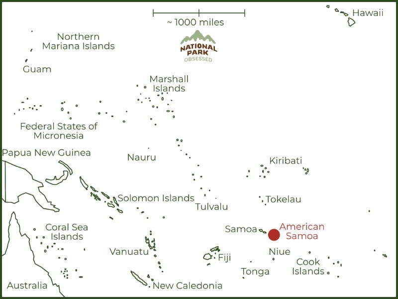 A map of the South Pacific Ocean showing island nations and territories including Hawaii, Guam, Northern Mariana Islands, Marshall Islands, and others. American Samoa is highlighted with a large red dot and label, positioned near Samoa, Niue, Tonga, and the Cook Islands. A scale indicating approximately 1000 miles is shown at the top center. Learn more American Samoa Facts in this article.