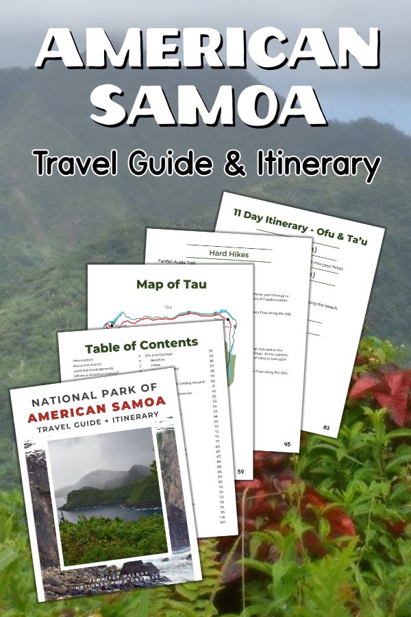 Promotional graphic for an American Samoa travel guide and itinerary with bold white text over a misty green mountain background. Sample pages are shown, including a map of Tau, table of contents, hiking trails, and an itinerary, along with the cover image featuring the lush coastline of the National Park of American Samoa.