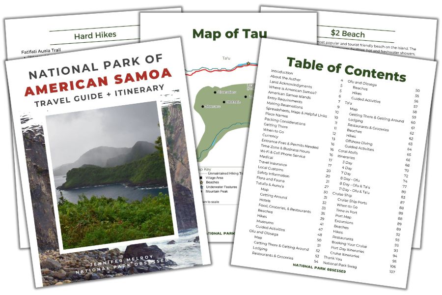 Promotional image for the National Park of American Samoa travel guide and itinerary, featuring the cover with a coastal cliff and lush green hills under a cloudy sky. Surrounding sample pages include a map of Tau, a detailed table of contents listing travel tips and itineraries, and sections on hiking trails and beaches.