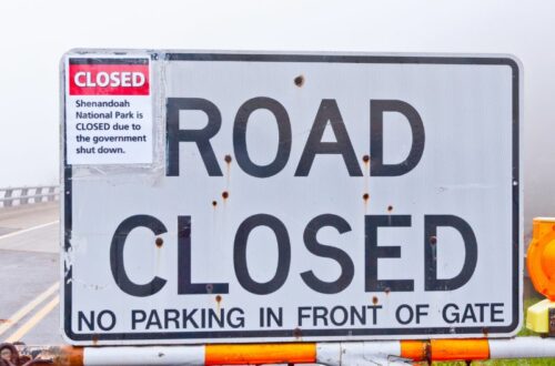 A large road sign reads “ROAD CLOSED – NO PARKING IN FRONT OF GATE,” with a smaller sign above stating Shenandoah National Park is closed due to a government shutdown. The scene is foggy with part of a guardrail and road visible behind the sign.