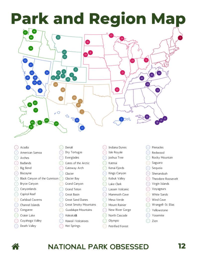 Color-coded U.S. map showing the locations of national parks by region, with numbered dots matching a legend that lists park names such as Acadia, Yosemite, Zion, and Denali. Titled “Park and Region Map” and featured in a National Park Obsessed guide.