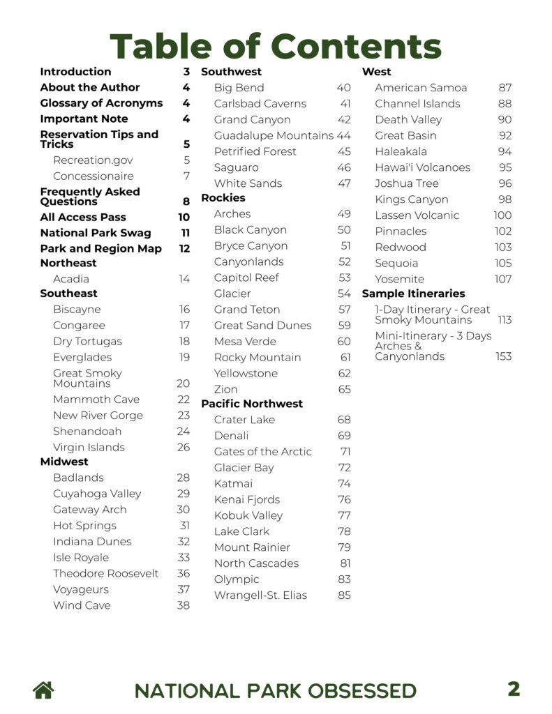 Table of contents page for a guidebook, listing national parks grouped by U.S. regions such as Southwest, Rockies, and West. Additional sections include tips, itineraries, FAQs, and maps with corresponding page numbers.