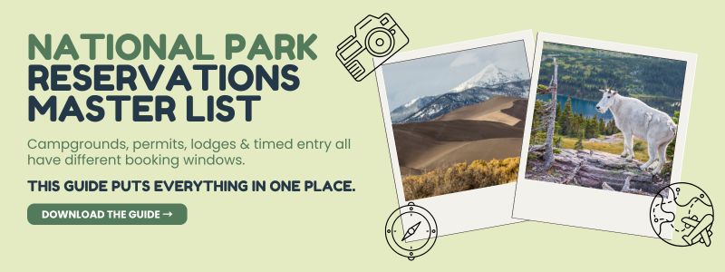 Two Polaroid-style photos show a snowy mountain behind sand dunes and a white mountain goat in a forested national park. To the left, bold text reads &ldquo;National Park Reservations Master List&rdquo; with a button labeled &ldquo;Download the Guide,&rdquo; promoting a comprehensive resource for booking campgrounds, permits, lodges, and timed entries.