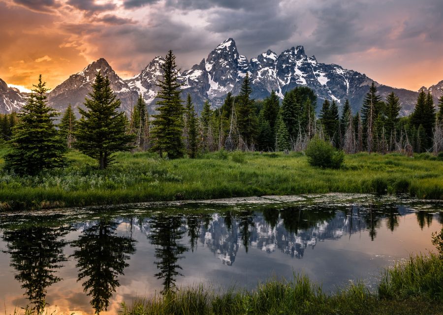 This image shows a dramatic view of snow-capped mountains towering over a dense forest of pine trees, with their reflection mirrored in a calm, grassy pond. The sky glows with a vivid sunset of orange and purple hues, adding warmth to the rugged alpine scene.
