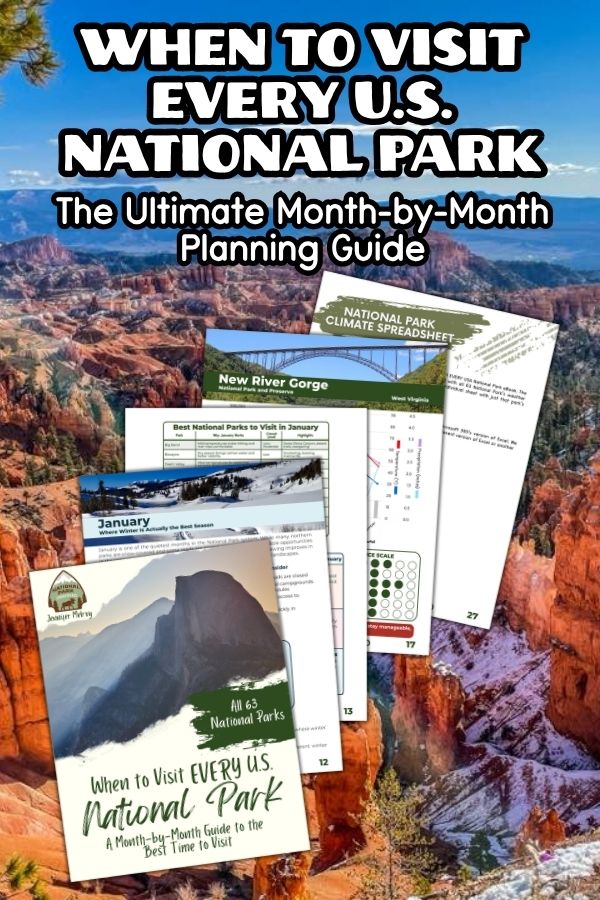 Pinterest style graphic with canyon landscape background and bold text reading "WHEN TO VISIT EVERY U.S. NATIONAL PARK The Ultimate Month-by-Month Planning Guide". A stack of printable pages and a guidebook titled "When to Visit Every U.S. National Park A Month-by-Month Guide to the Best Time to Visit All 63 National Parks" highlights a resource for planning the best time to visit US national parks.