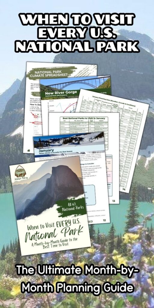Mountain lake and wildflower background with large text reading "WHEN TO VISIT EVERY U.S. NATIONAL PARK" and "The Ultimate Month-by-Month Planning Guide". Overlaid images of worksheets and a booklet titled "When to Visit Every U.S. National Park A Month-by-Month Guide to the Best Time to Visit All 63 National Parks" promote a planning resource for choosing the best time to visit US national parks.