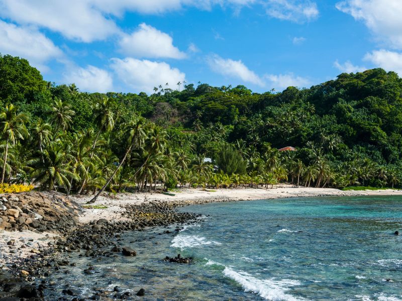 A secluded tropical beach with tall coconut palms, dense rainforest, and rocky sections of shoreline in the National Park of American Samoa. Clear blue and turquoise ocean water washes gently against the white sand beneath a partly cloudy sky.