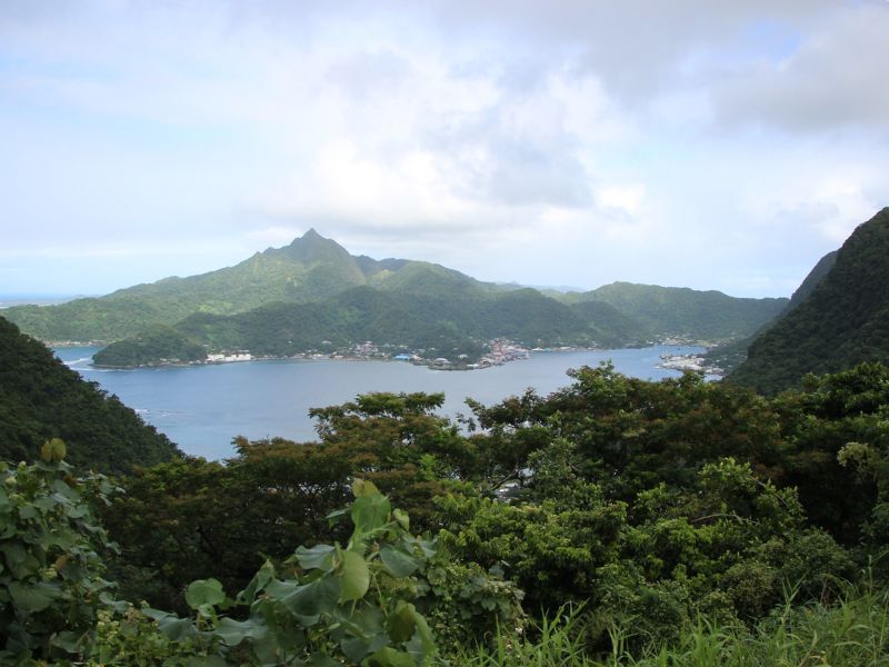 Elevated view across a broad coastal bay surrounded by lush rainforest and rugged volcanic mountains in American Samoa. Small settlements line the distant shoreline, while dense tropical greenery fills the foreground beneath a cloudy sky.